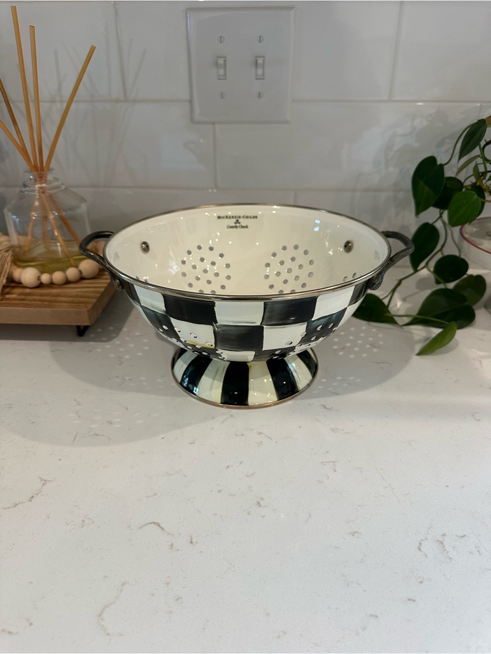 MacKenzie-Childs Black & White Courtly Check Pedestal Colander